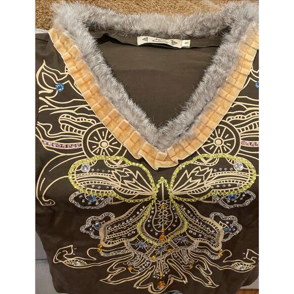 Vintage Free for Humanity Jeweled Beadazzled Med Olive Green Rabbit Fur Trim Top - Picture 8 of 16